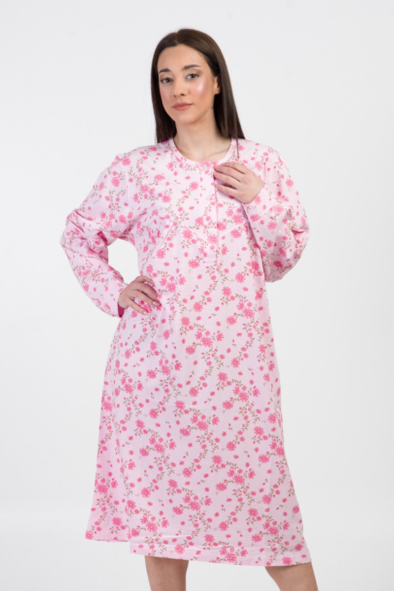 Spring Nightgown ALINA Embrider Long Sleeve Pink 1061