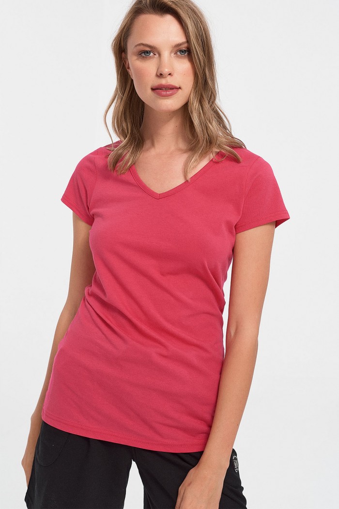 Women's T-Shirt with V in Fuchsia Color