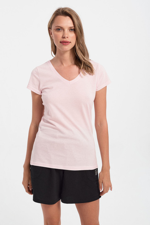 Damen-T-Shirt mit V in Rosa-Ton