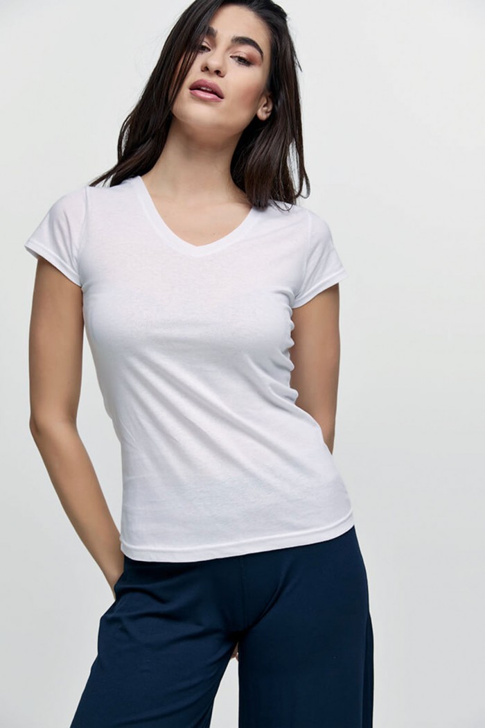 Women's T-Shirt with V in White Color
