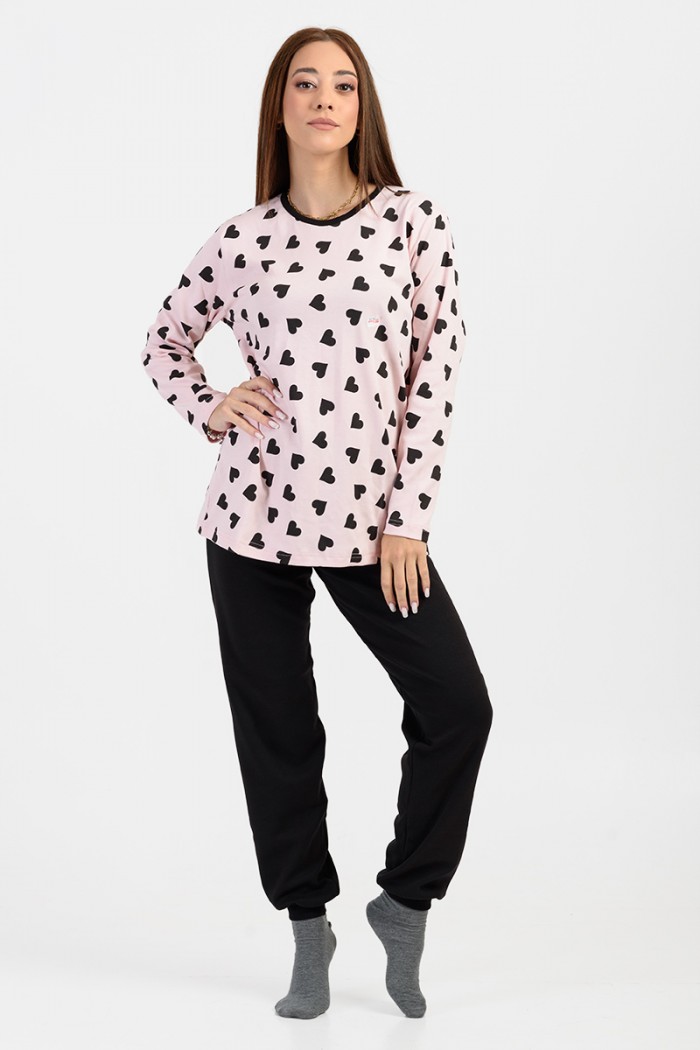 Damen Schlafanzug mit Gummizug CHERRY Black Hearts 10102