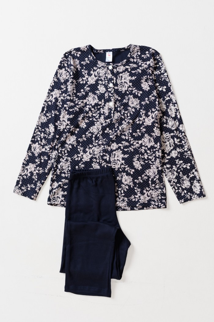 WINTERPYJAMA DAMEN KIRSCHE DRUCK 10127 DUNKELBLAU