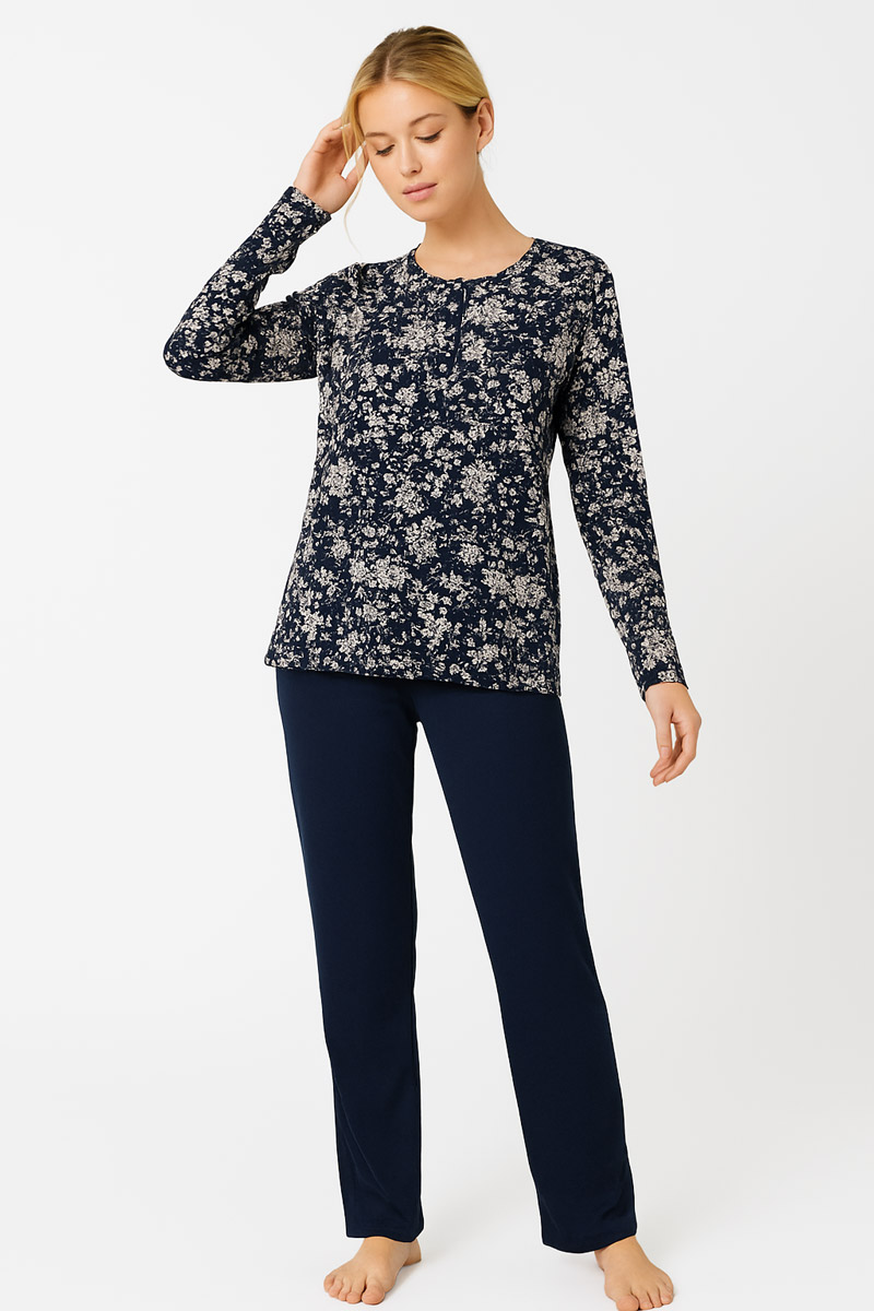 WINTERPYJAMA DAMEN KIRSCHE DRUCK 10127 DUNKELBLAU