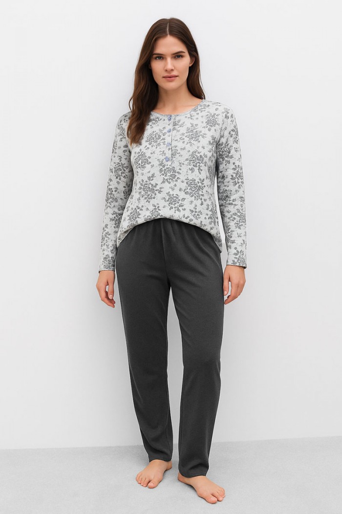 WINTERPYJAMA DAMEN KIRSCHE DRUCK 10127 ECRU