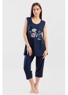 Sommer Pyjama Pyjama Capri CHERRY 201 Blau Schwarz Sommer Pyjama Pyjama Capri CHERRY 201 Blau Schwarz