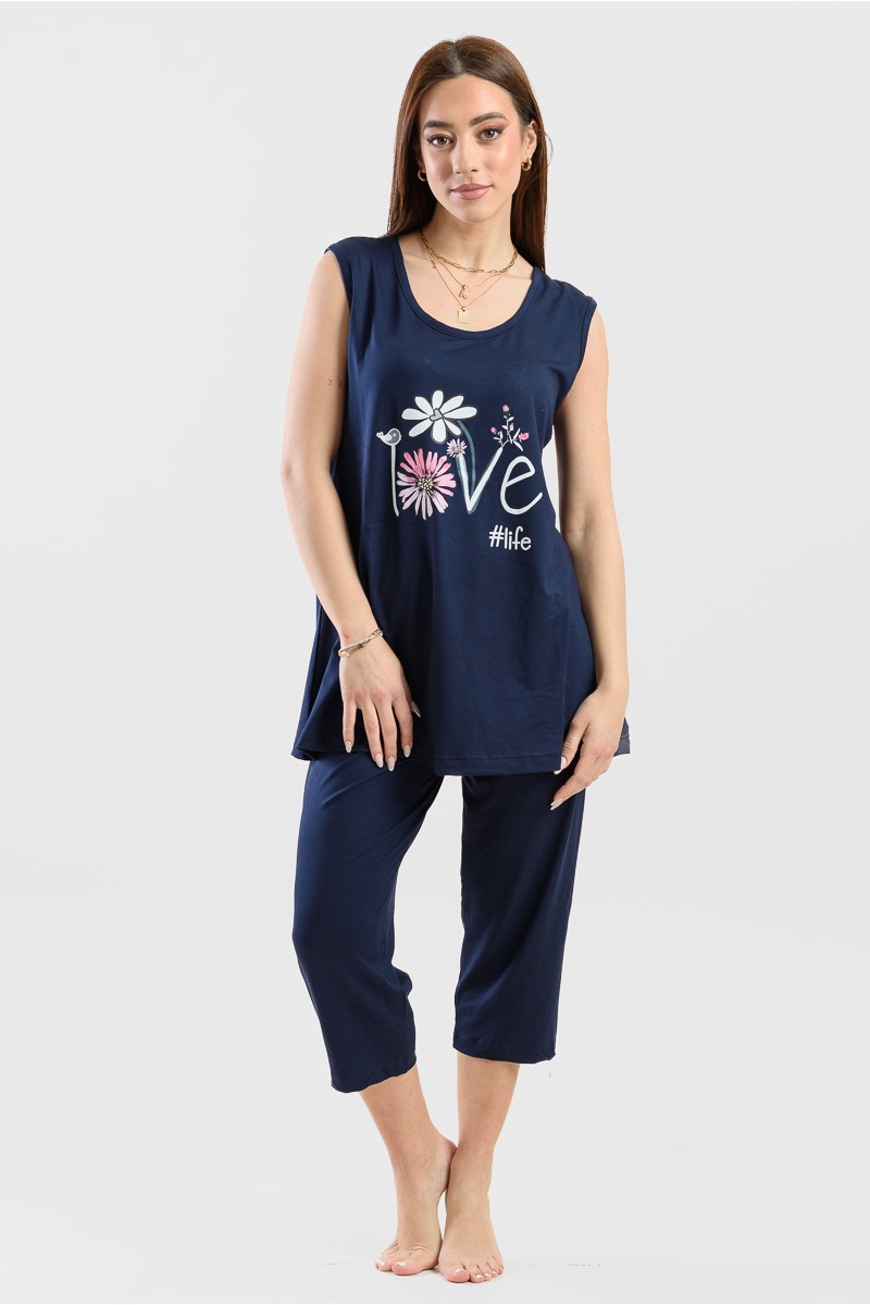 Sommer Pyjama Pyjama Capri CHERRY 201 Blau Schwarz Sommer Pyjama Pyjama Capri CHERRY 201 Blau Schwarz
