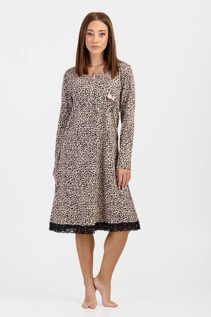 Winter nightdress with buttons CHERRY Leopard 518