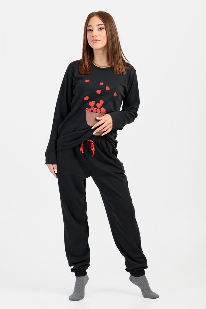 Damen Schlafanzug mit Gummizug CHERRY Black Hearts 527