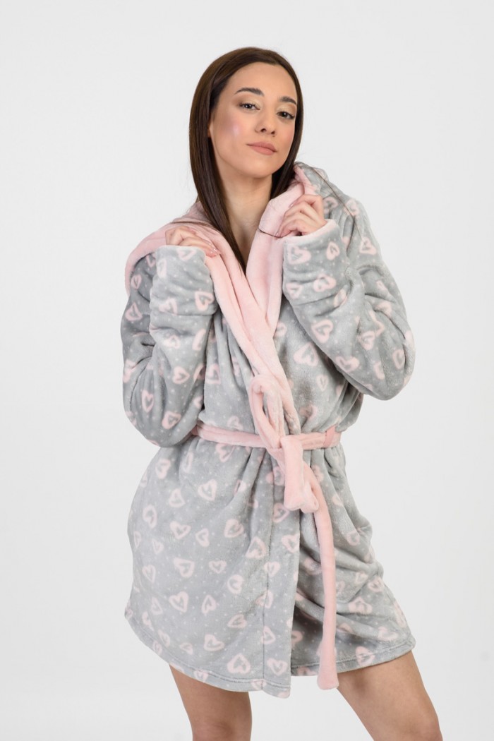 KOYOTE Fleece Robe KOYOTE with hood Hearts KΓ5312 GREY