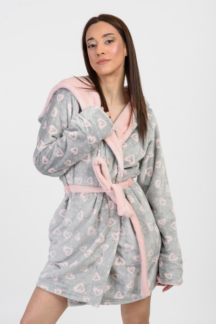 KOYOTE Fleece Robe KOYOTE with hood Hearts KΓ5312 GREY
