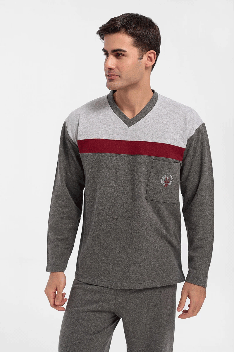Herren Winterpyjama LION klassisch mit V Grau