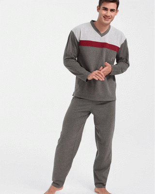 Herren Winterpyjama LION klassisch mit V Grau