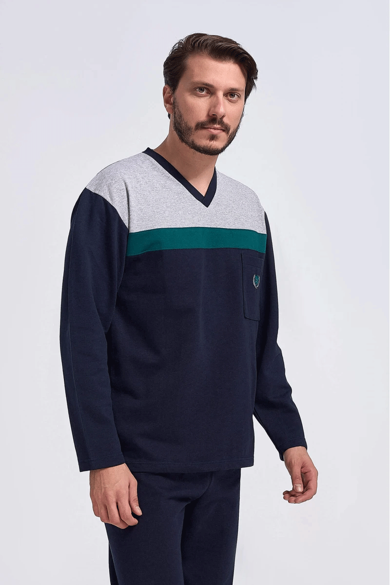 Herren Winterpyjama LION klassisch mit V Dunkelblau Herren Winterpyjama LION klassisch mit V Dunkelblau