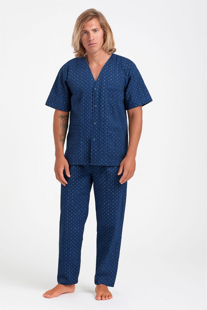 Men's LION short-sleeved pajamas with buttons BLUE BLACK