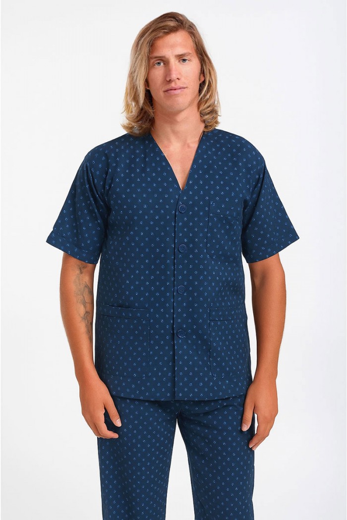 Men's LION short-sleeved pajamas with buttons BLUE BLACK