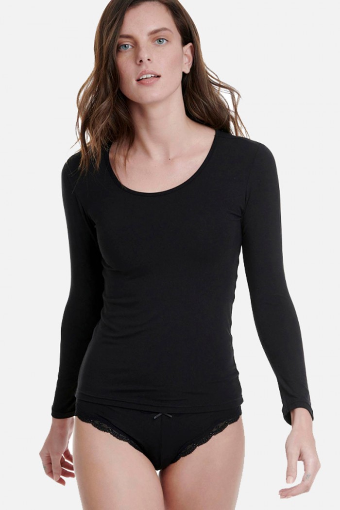 Langärmeliges T-Shirt mit offenem Halsausschnitt WALK Bamboo W2204_02 BLACK