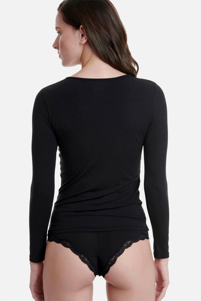 Langärmeliges T-Shirt mit offenem Halsausschnitt WALK Bamboo W2204_02 BLACK