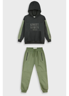 Boys' black and khaki hooded tracksuit set with Street Vibes print and khaki trousers by ENERGIERS