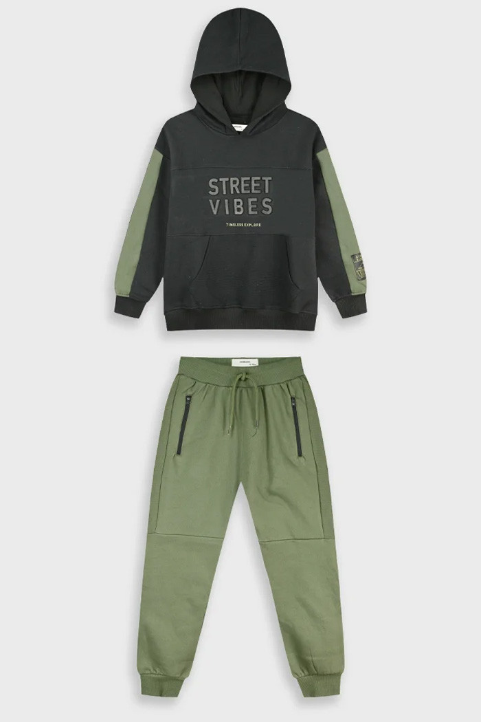 Boys' black and khaki hooded tracksuit set with Street Vibes print and khaki trousers by ENERGIERS