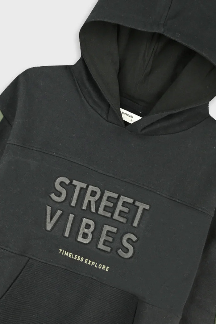 Boys' black and khaki hooded tracksuit set with Street Vibes print and khaki trousers by ENERGIERS
