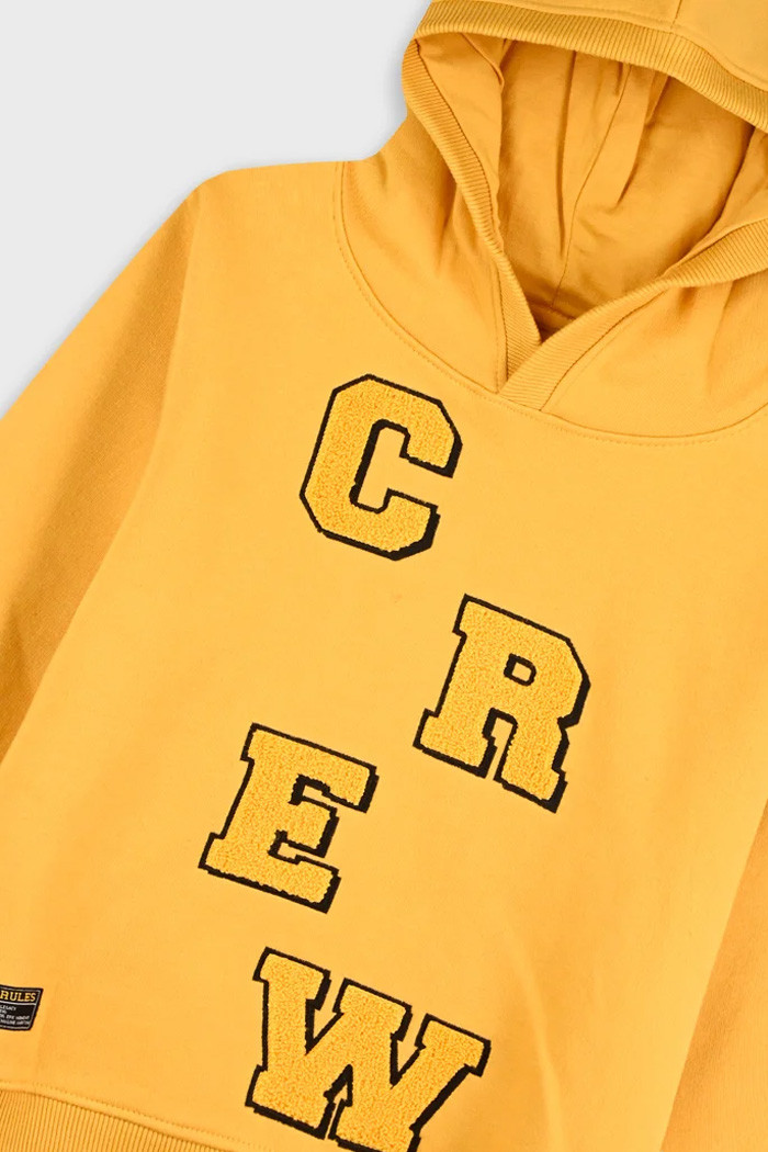 Boys' mustard hooded ENERGIERS tracksuit set with charcoal joggers and CREW appliqué