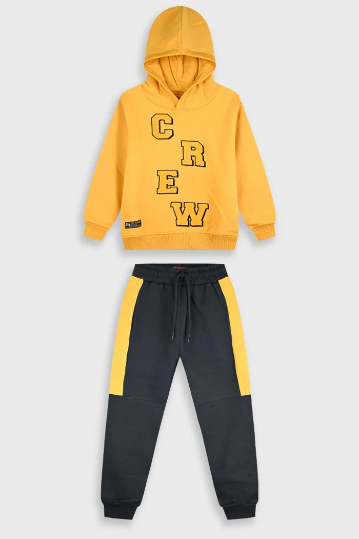 Boys' mustard hooded ENERGIERS tracksuit set with charcoal joggers and CREW appliqué