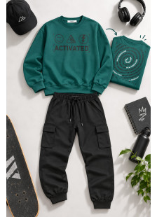ENERGIERS boys' cypress green and petrol sweatshirt with black cargo joggers set