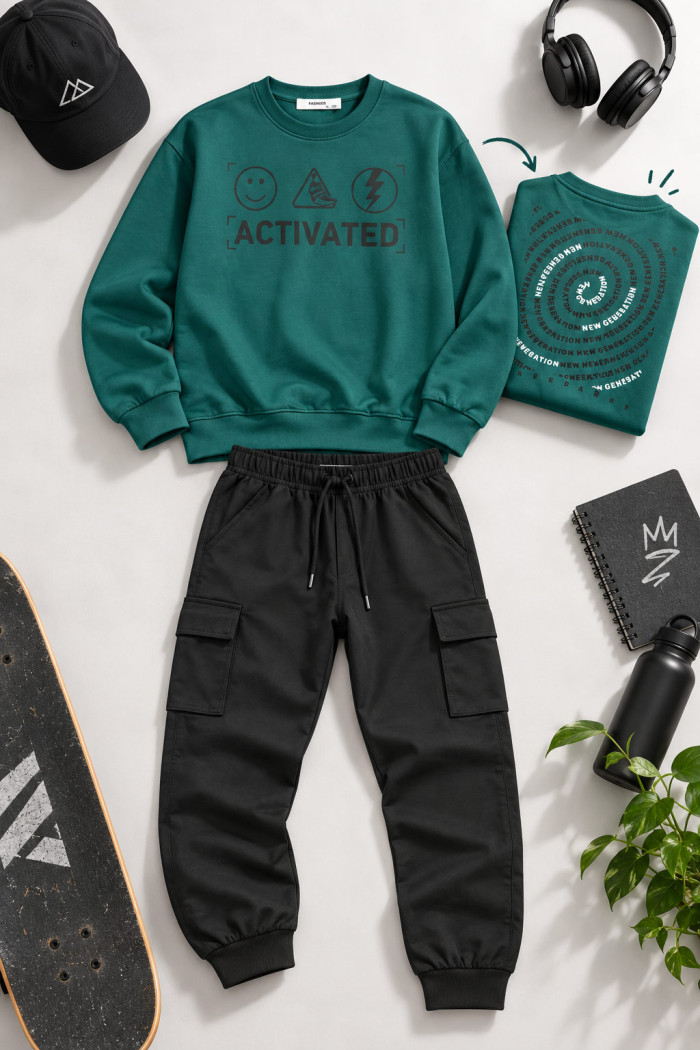 ENERGIERS boys' cypress green and petrol sweatshirt with black cargo joggers set