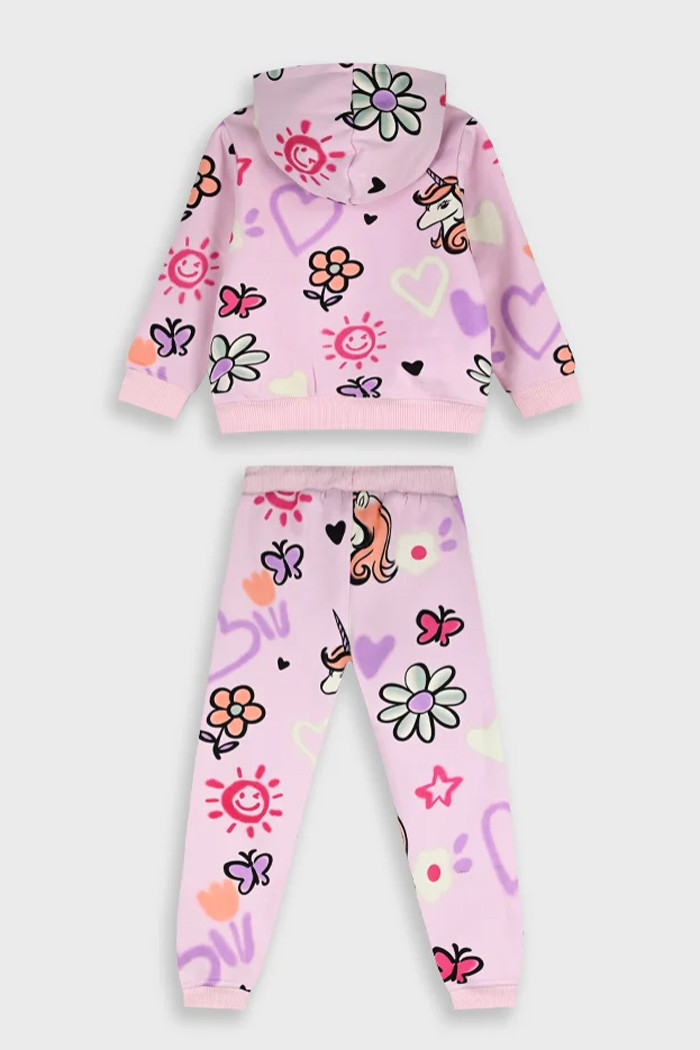Lilac and light pink ENERGIERS girls' winter tracksuit set with unicorn print, zip-up hooded jacket and matching trousers