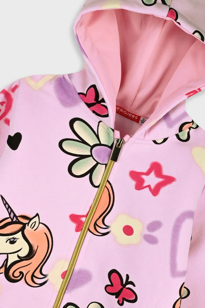 Lilac and light pink ENERGIERS girls' winter tracksuit set with unicorn print, zip-up hooded jacket and matching trousers