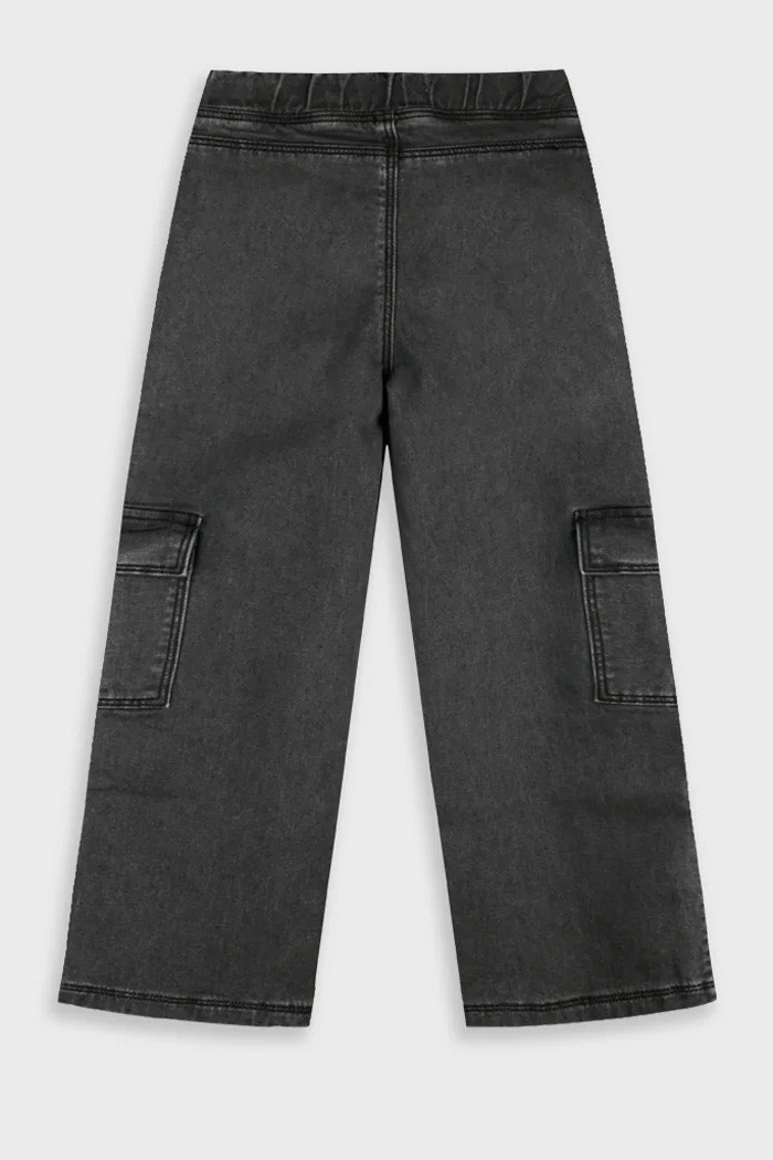 Girls' washed black wide leg cargo jeans with elasticated waist by ENERGIERS