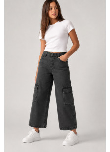 Girls' washed black wide leg cargo jeans with elasticated waist by ENERGIERS