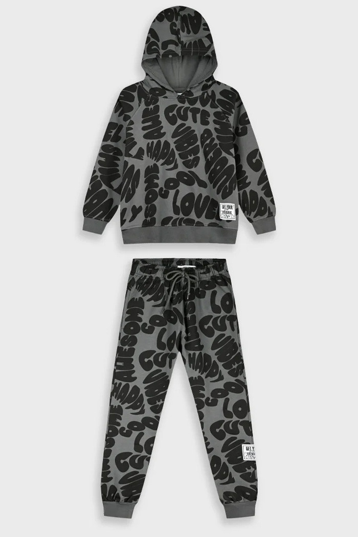 ENERGIERS girls' hooded sweatshirt and matching trousers with all-over typography print