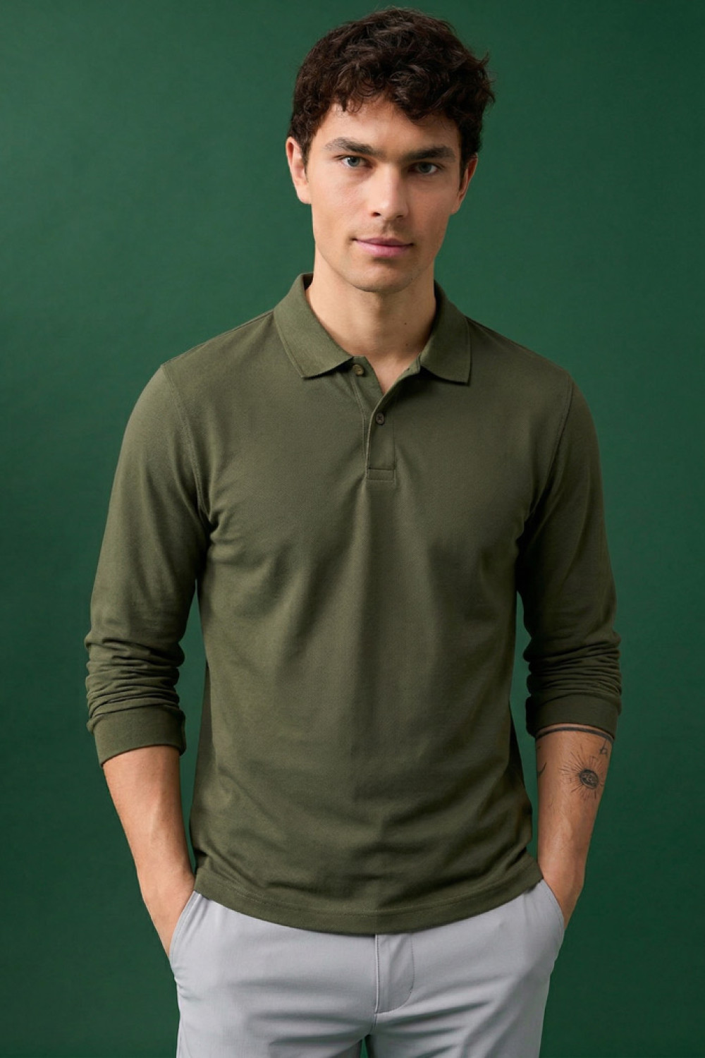 BODY MOVE long-sleeve piqué polo shirt in khaki