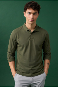 BODY MOVE long-sleeve piqué polo shirt in khaki