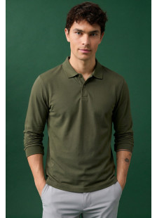 BODY MOVE long-sleeve piqué polo shirt in khaki
