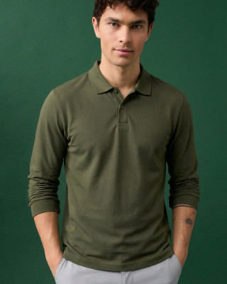 BODY MOVE Long-Sleeve Piqué Polo Shirt 728-5 Khaki