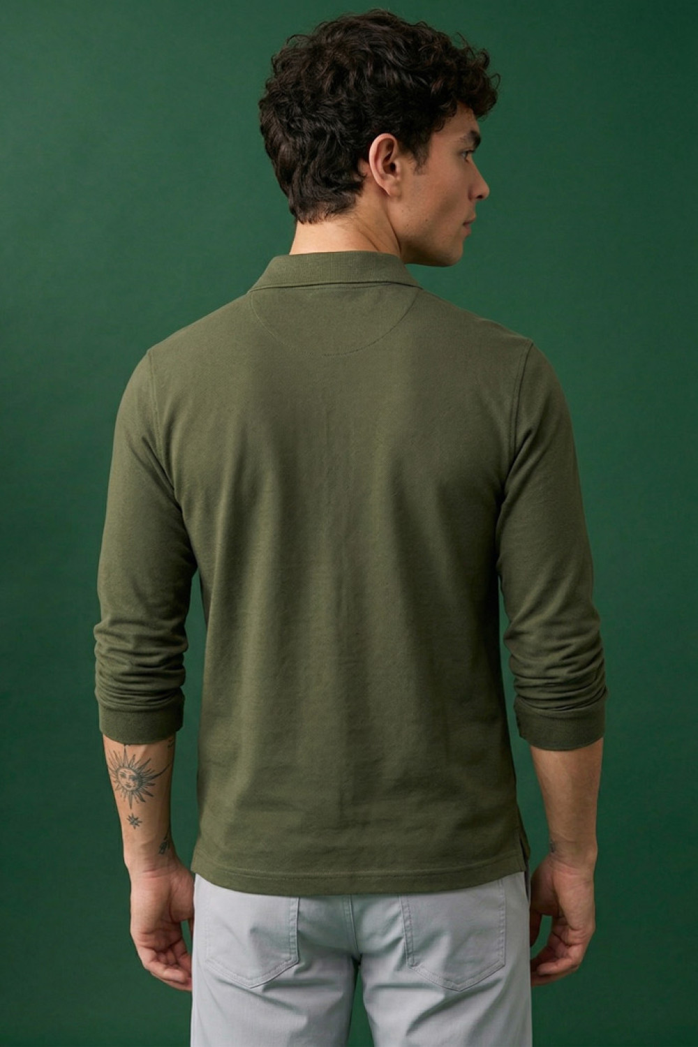 BODY MOVE long-sleeve piqué polo shirt in khaki