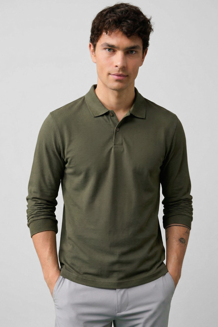 BODY MOVE long-sleeve piqué polo shirt in khaki