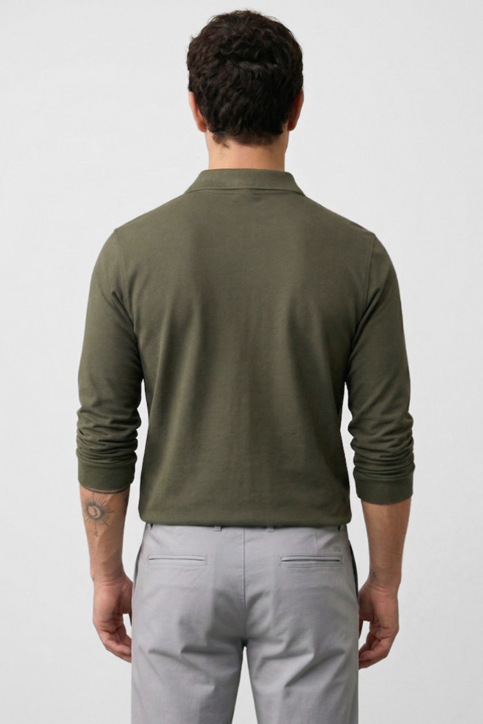 BODY MOVE long-sleeve piqué polo shirt in khaki