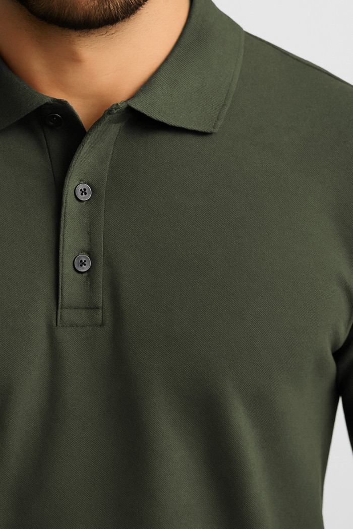 BODY MOVE long-sleeve piqué polo shirt in khaki