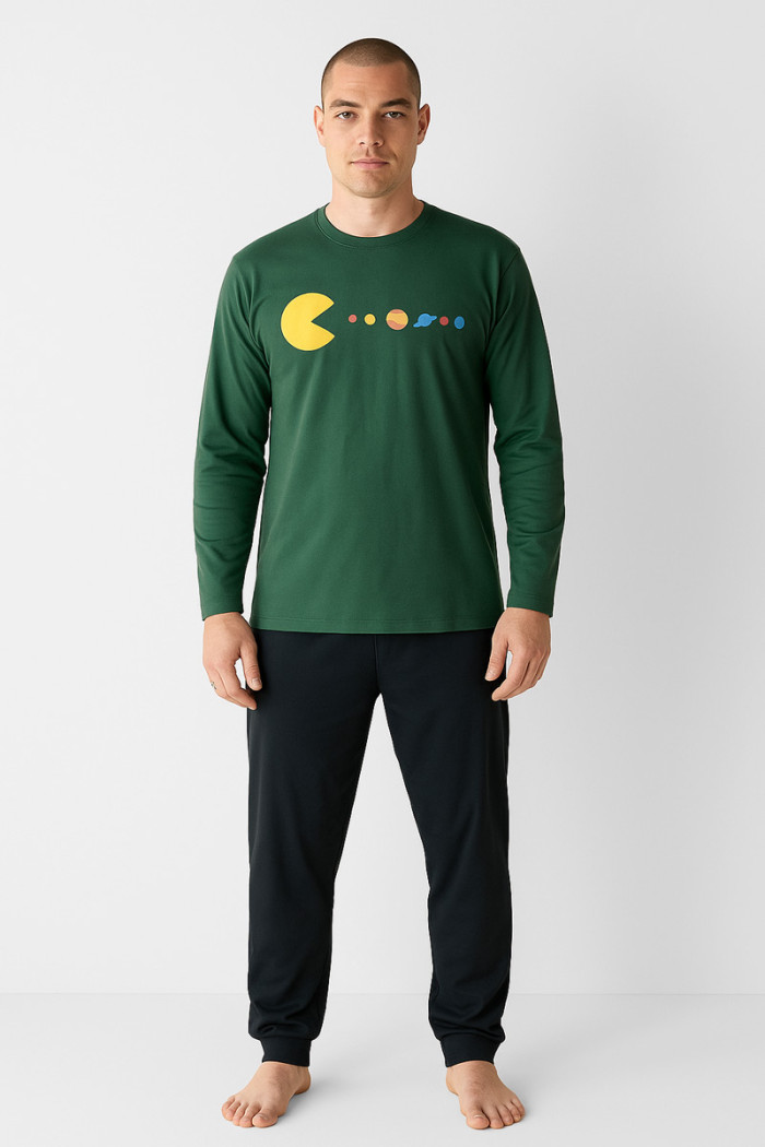 CHERRY Herren-Pyjama in Zypressengrün mit Packman-Motiv