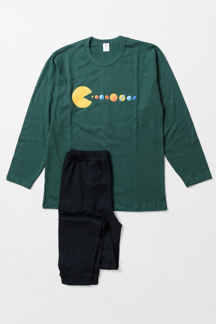 CHERRY Herren-Pyjama in Zypressengrün mit Packman-Motiv