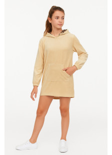 TRAX teen hooded sweatshirt dress in biscuit with leopard-print hood lining