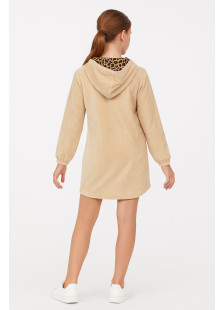 TRAX teen hooded sweatshirt dress in biscuit with leopard-print hood lining