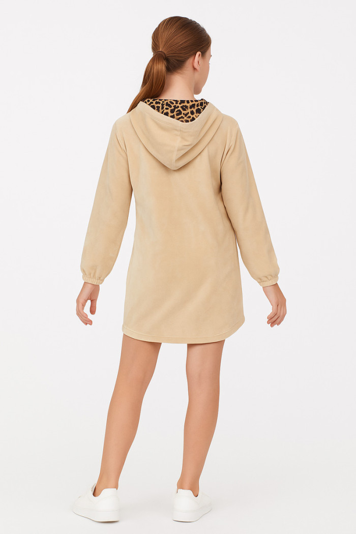 TRAX teen hooded sweatshirt dress in biscuit with leopard-print hood lining