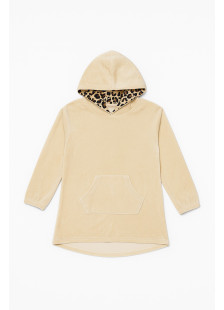 TRAX teen hooded sweatshirt dress in biscuit with leopard-print hood lining