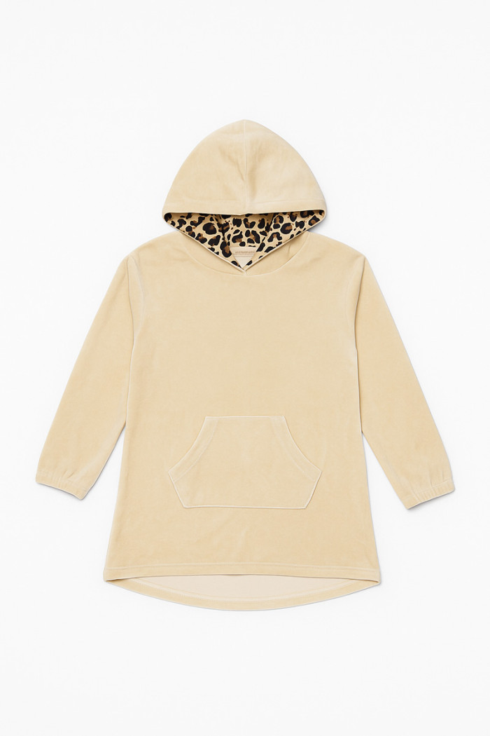 TRAX teen hooded sweatshirt dress in biscuit with leopard-print hood lining
