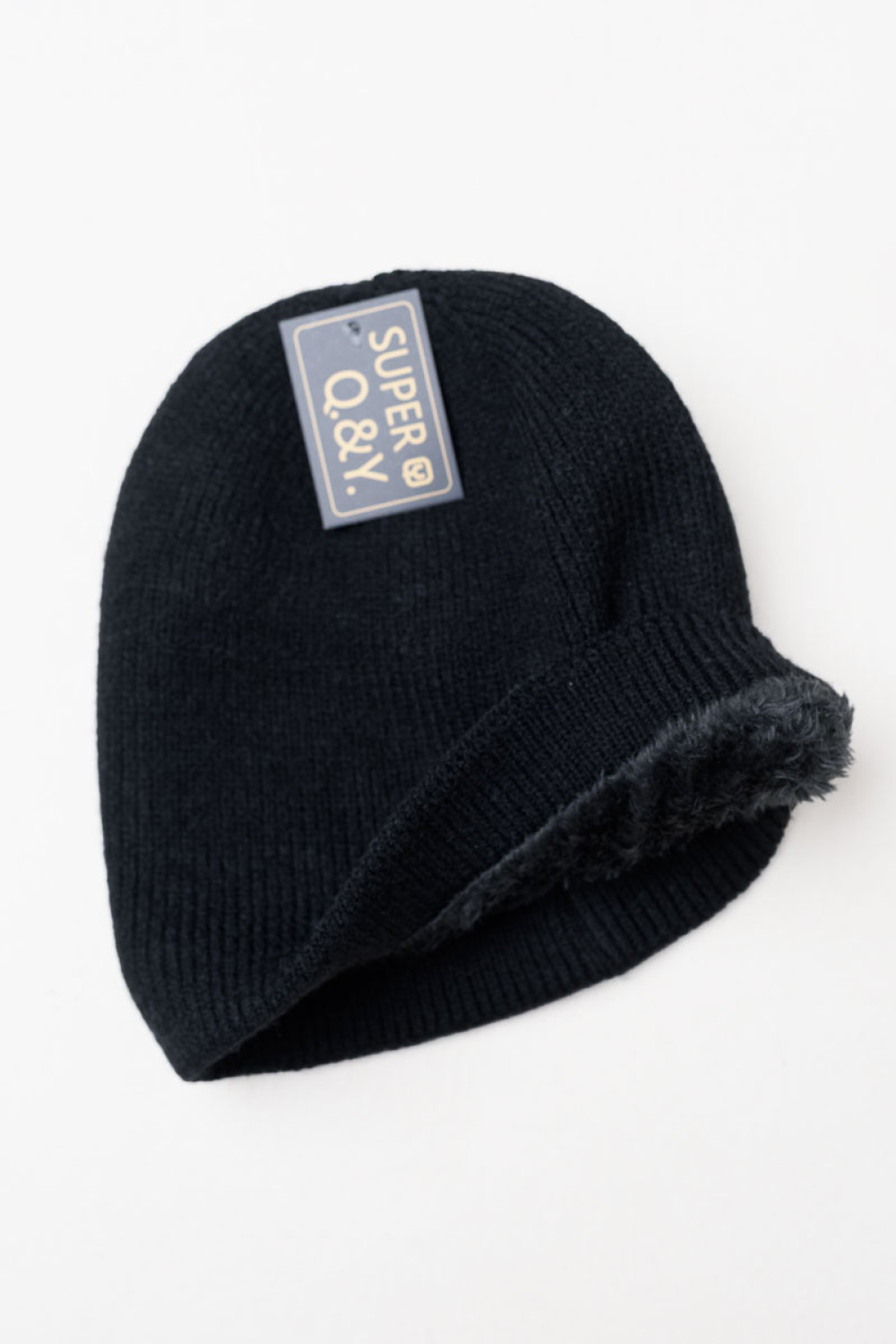Schwarze SUPER Q&Y Strickmütze mit Fellfutter