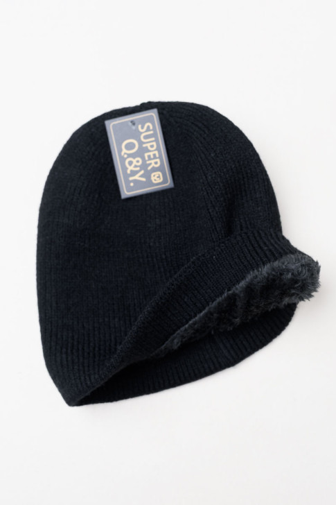 SUPER Q&Y Strickmütze mit Fellfutter Schwarz QY12-MZ3-7